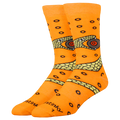 Orange socks with snake pattern and 'stink' branding on a white background
