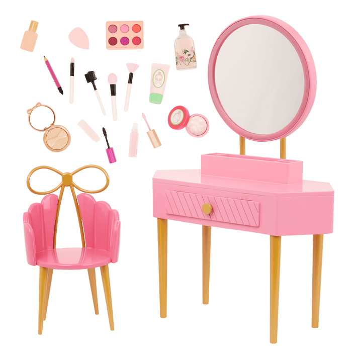Our Generation Fabulous Fun Vanity Set for 18-inch Dolls including vanity table and chair, makeup and skin care