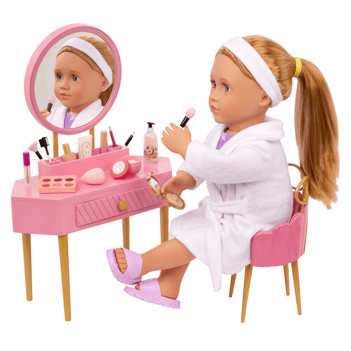 Our Generation Fabulous Fun Vanity Set for 18-inch Dolls including vanity table and chair, makeup and skin care