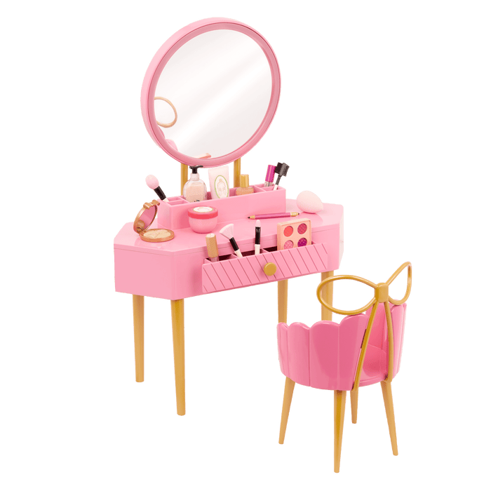 Our Generation Fabulous Fun Vanity Set for 18-inch Dolls including vanity table and chair, makeup and skin care