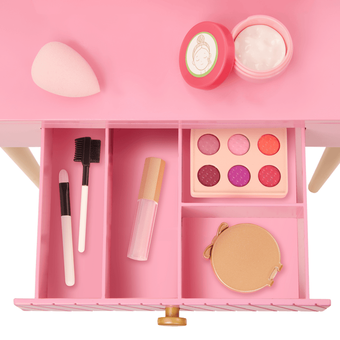 Our Generation Fabulous Fun Vanity Set for 18-inch Dolls including vanity table and chair, makeup and skin care