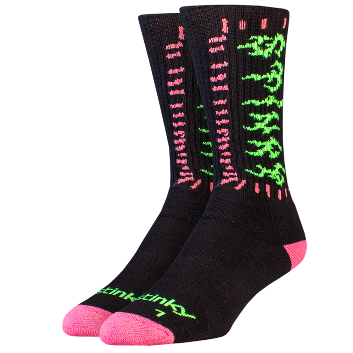 Black socks with pink and green patterns on a white background