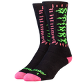 Black socks with pink and green patterns on a white background