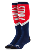 Two pairs of red, white, and blue socks with 'Stink' branding on a white background.