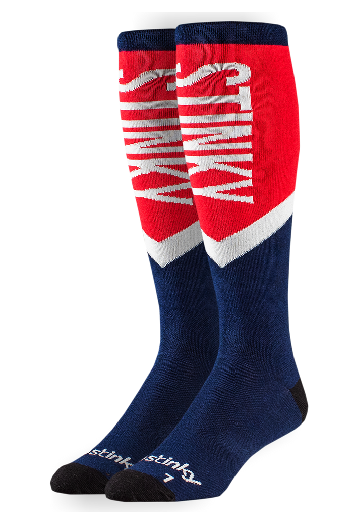 Two pairs of red, white, and blue socks with 'Stink' branding on a white background.