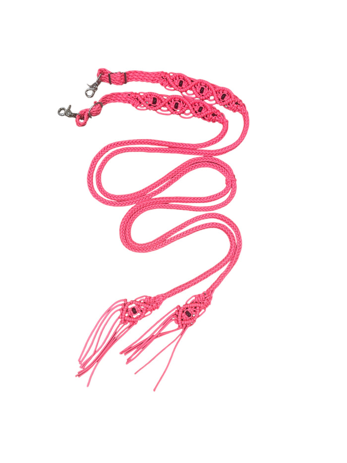 Fancy braided split rein in salmon pink  with genuine Obsidian  gemstones...beautiful yet practical