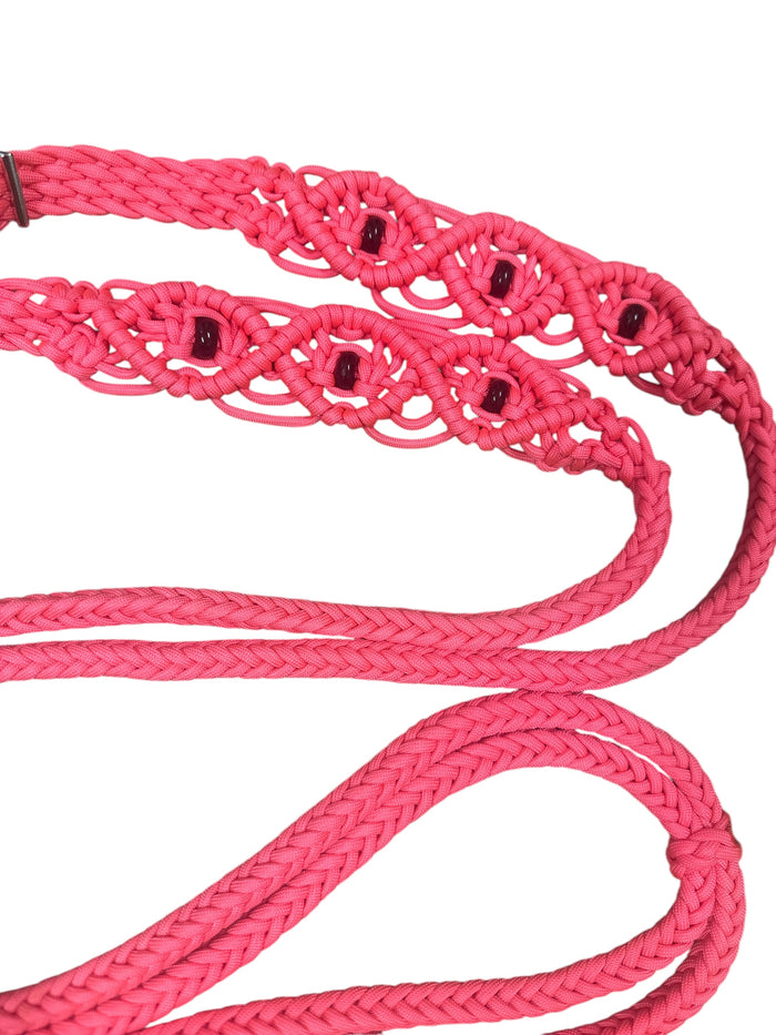 Fancy braided split rein in salmon pink  with genuine Obsidian  gemstones...beautiful yet practical