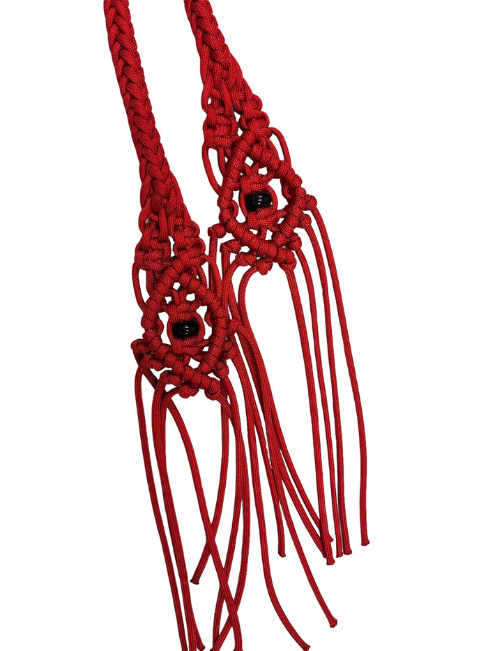 Fancy braided split reins in red with genuine black obsidian  gemstones...beautiful yet practical