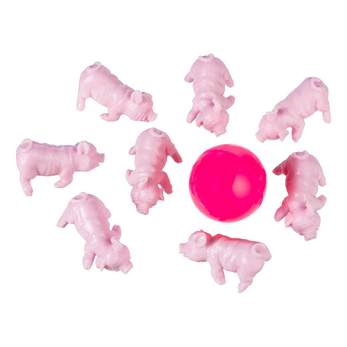 Eight small Farm Fresh Pig Jacks figurines from Farm Fresh are arranged in a circle around a bright pink ball on a white background.