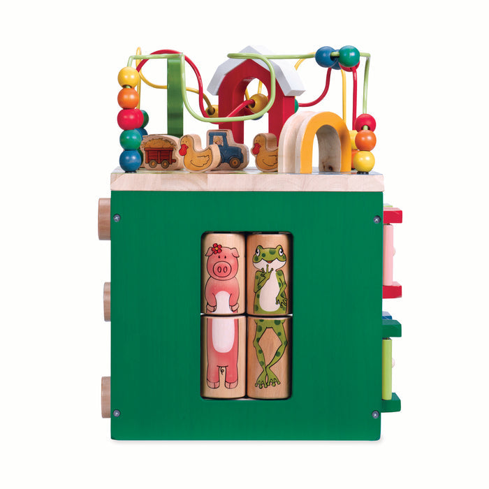 Farm animal activity center with a bead maze on top.