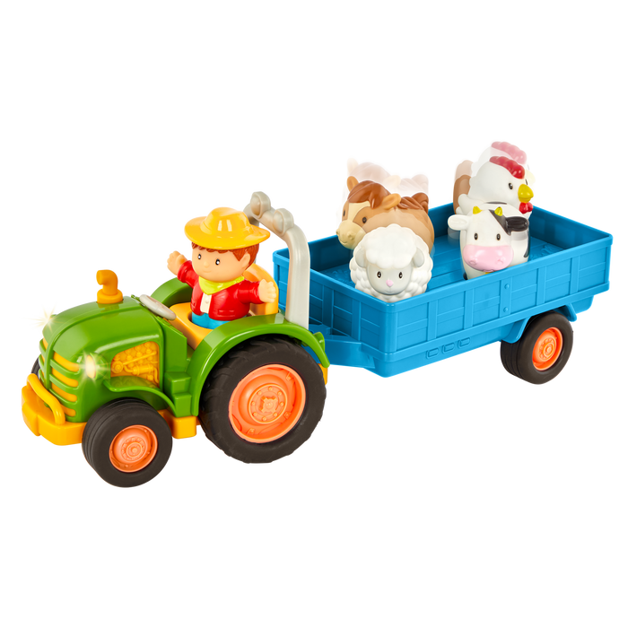 Toy tractor with a farmer and animal figurines.