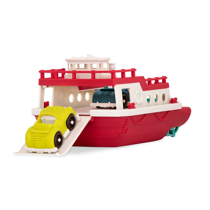 A ferry toy with the ramp down and 2 toy cars.