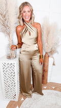 -FINAL SALE- Satin Allure Jumpsuit-Khaki