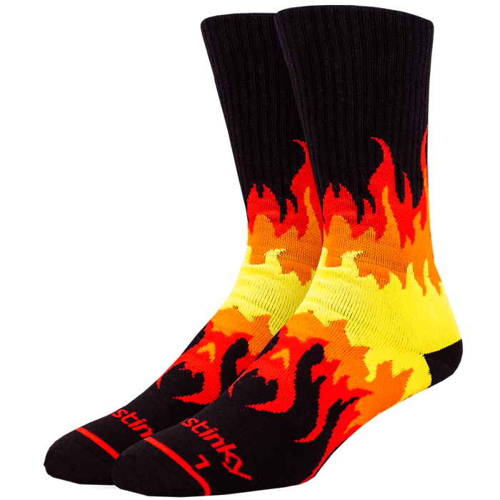Black socks with flame pattern on a white background