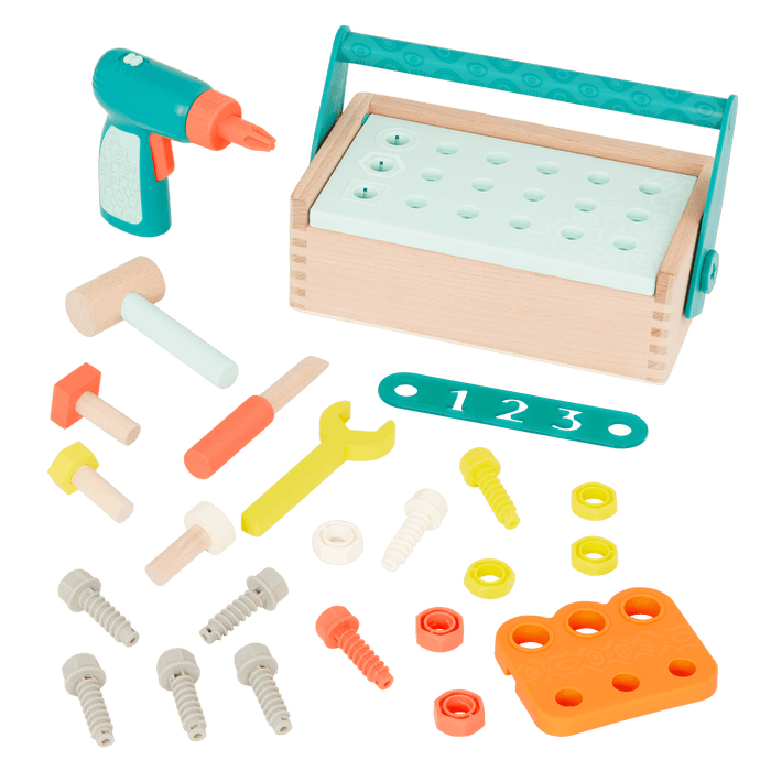 Toy tool box with tools.