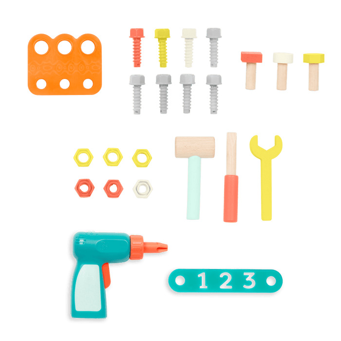 Toy tool box with tools.