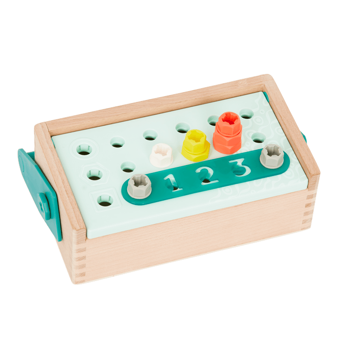 Toy tool box with tools.