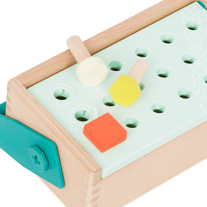 Toy tool box with tools.