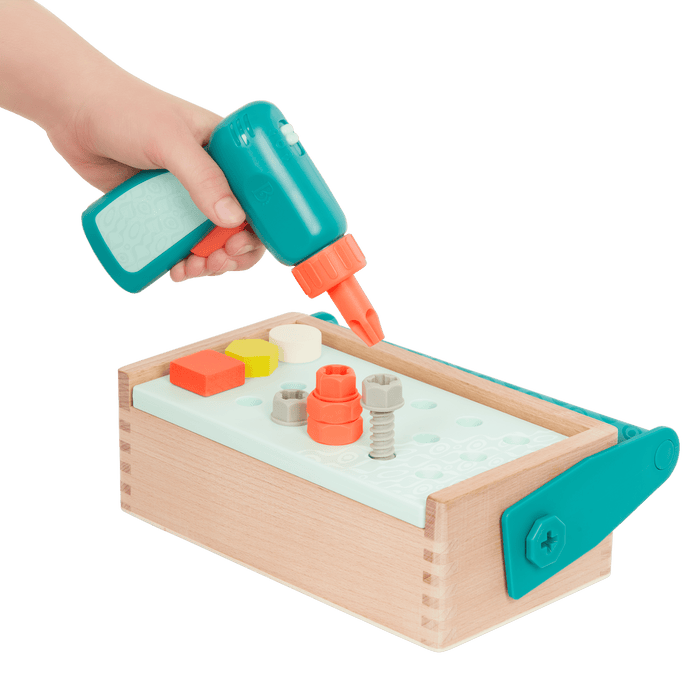 Toy tool box with tools.