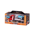 Red toy flatbed truck carrying blue tractor