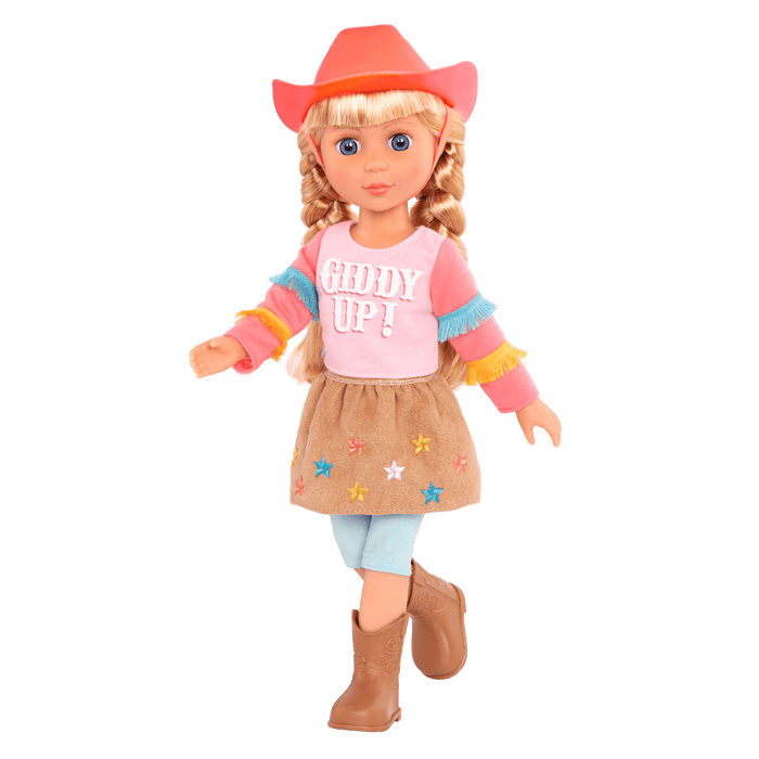 14-inch posable doll with blonde hair and blue eyes