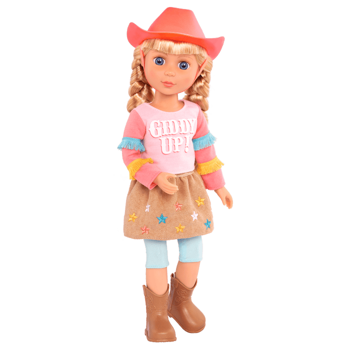 14-inch posable doll with blonde hair and blue eyes