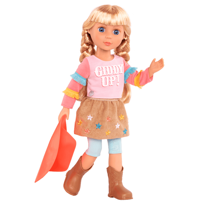 14-inch posable doll with blonde hair and blue eyes