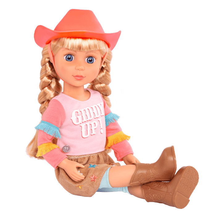 14-inch posable doll with blonde hair and blue eyes