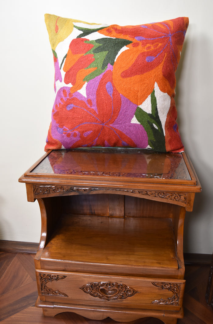 Floral Bloom Modern Accent Pillow Cover Hand Embroidered Wool 18x18"