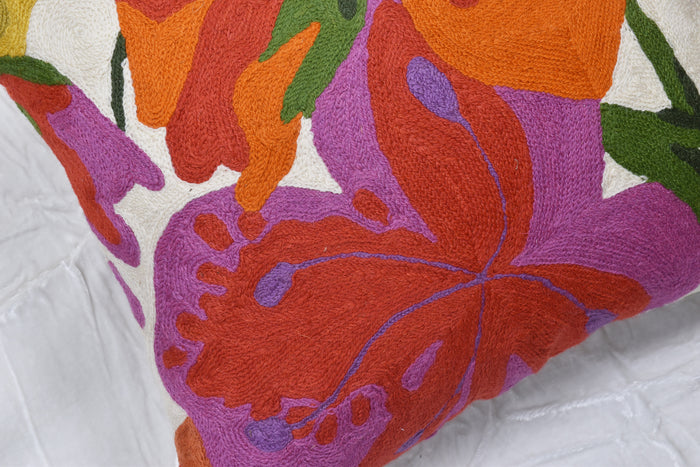 Floral Bloom Modern Accent Pillow Cover Hand Embroidered Wool 18x18"
