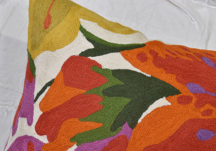 Floral Bloom Modern Accent Pillow Cover Hand Embroidered Wool 18x18"