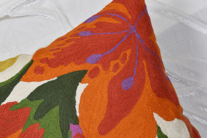 Floral Bloom Modern Accent Pillow Cover Hand Embroidered Wool 18x18"