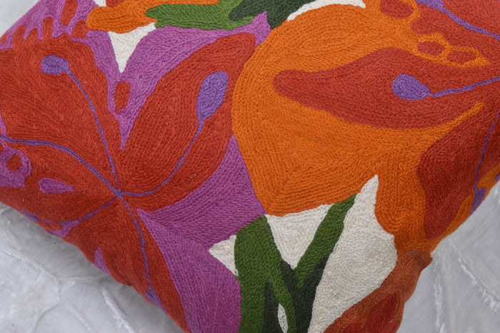 Floral Bloom Modern Accent Pillow Cover Hand Embroidered Wool 18x18"