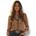 Floral Long Sleeve Lightweight Button Up Blouse with brown base multicolor floral print chest pockets and shirttail hem