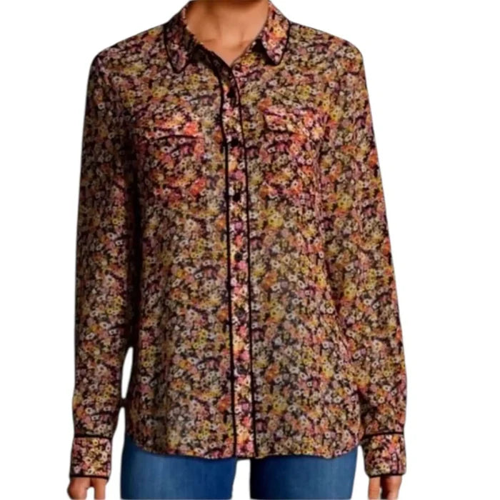 Floral Long Sleeve Lightweight Button Up Blouse with brown base multicolor floral print chest pockets and shirttail hem