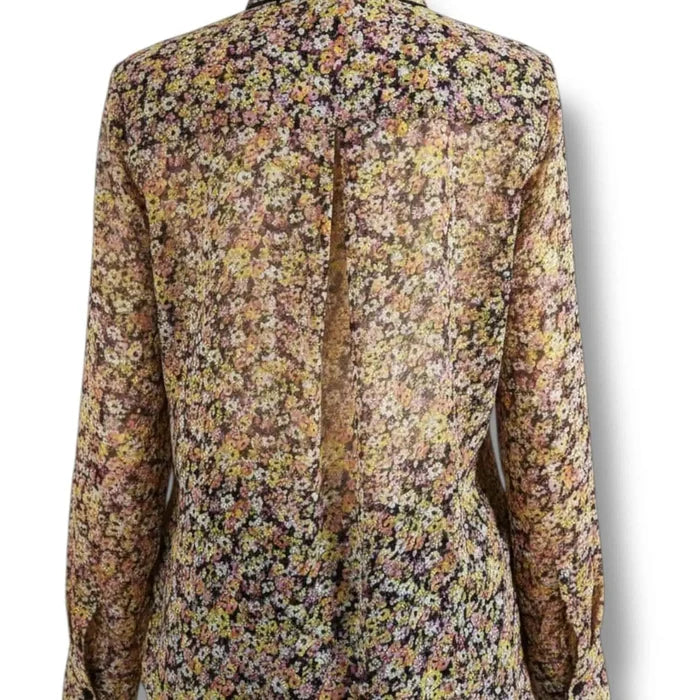 Floral Long Sleeve Lightweight Button Up Blouse with brown base multicolor floral print chest pockets and shirttail hem