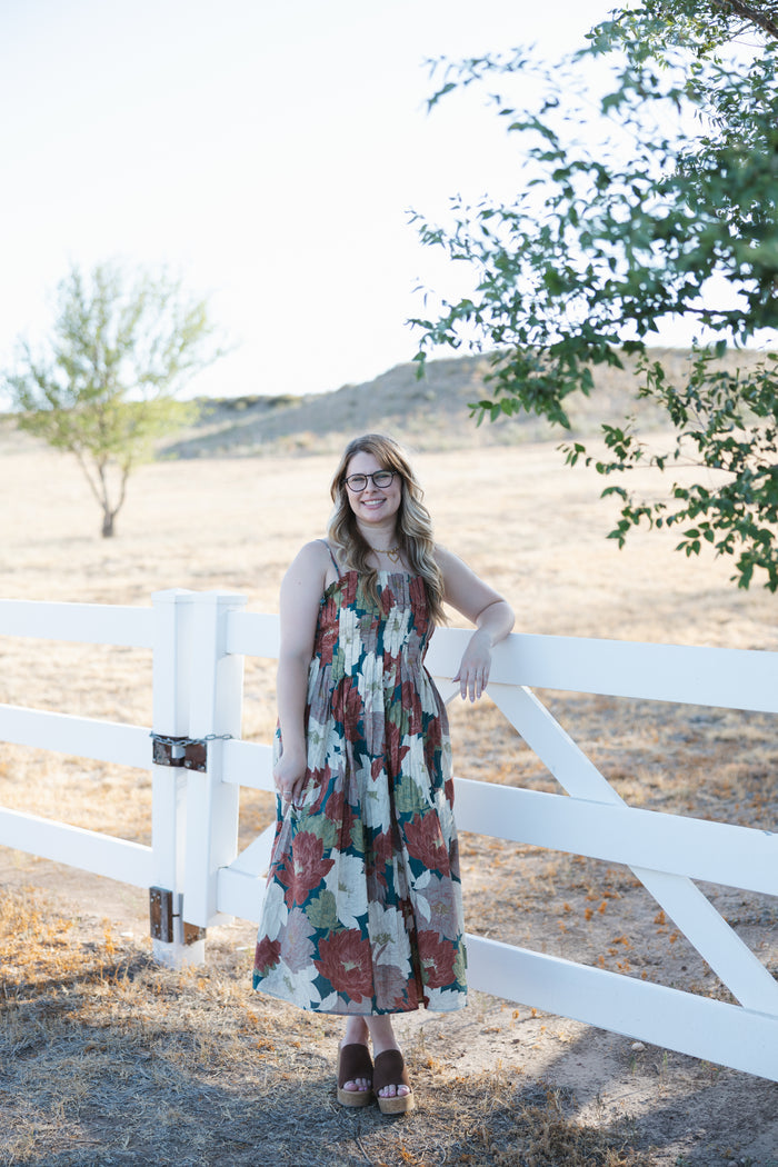 Floral Pleated Bodice Midi Dress