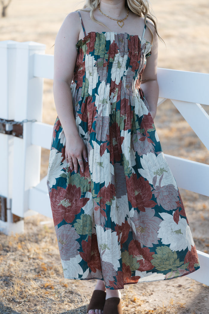 Floral Pleated Bodice Midi Dress