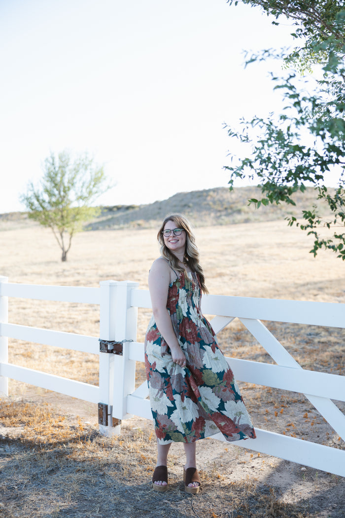 Floral Pleated Bodice Midi Dress