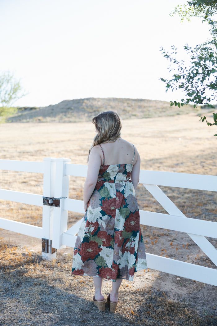 Floral Pleated Bodice Midi Dress