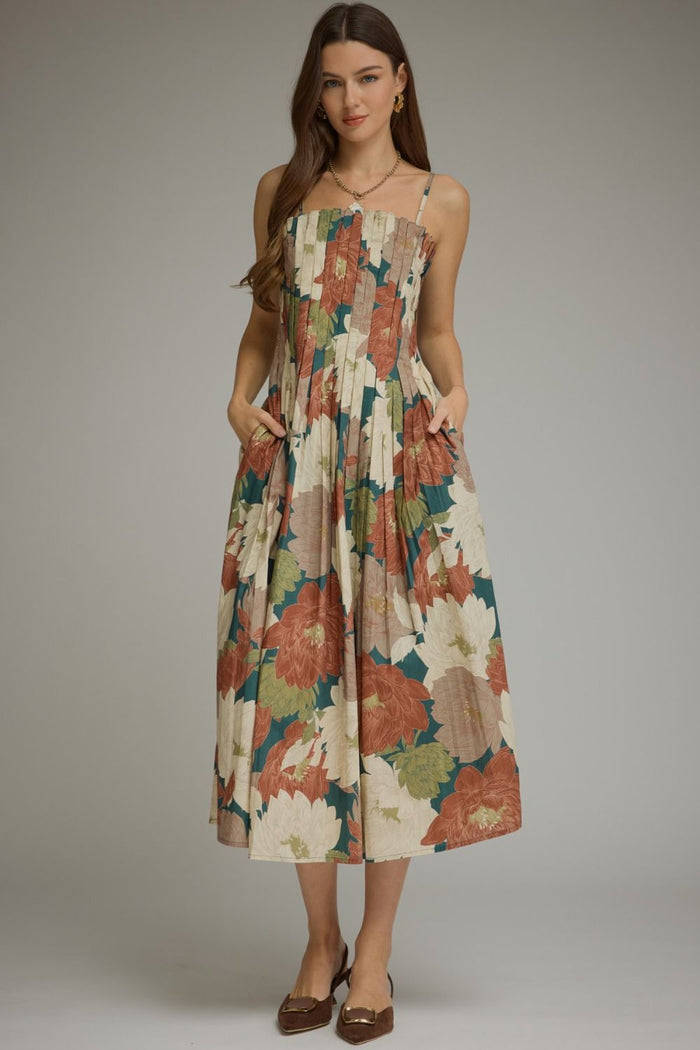 Floral Pleated Bodice Midi Dress