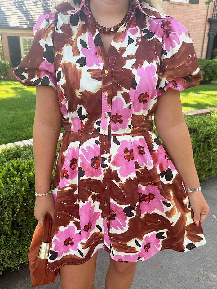 Floral Print Short Puff Sleeve Mini Dress