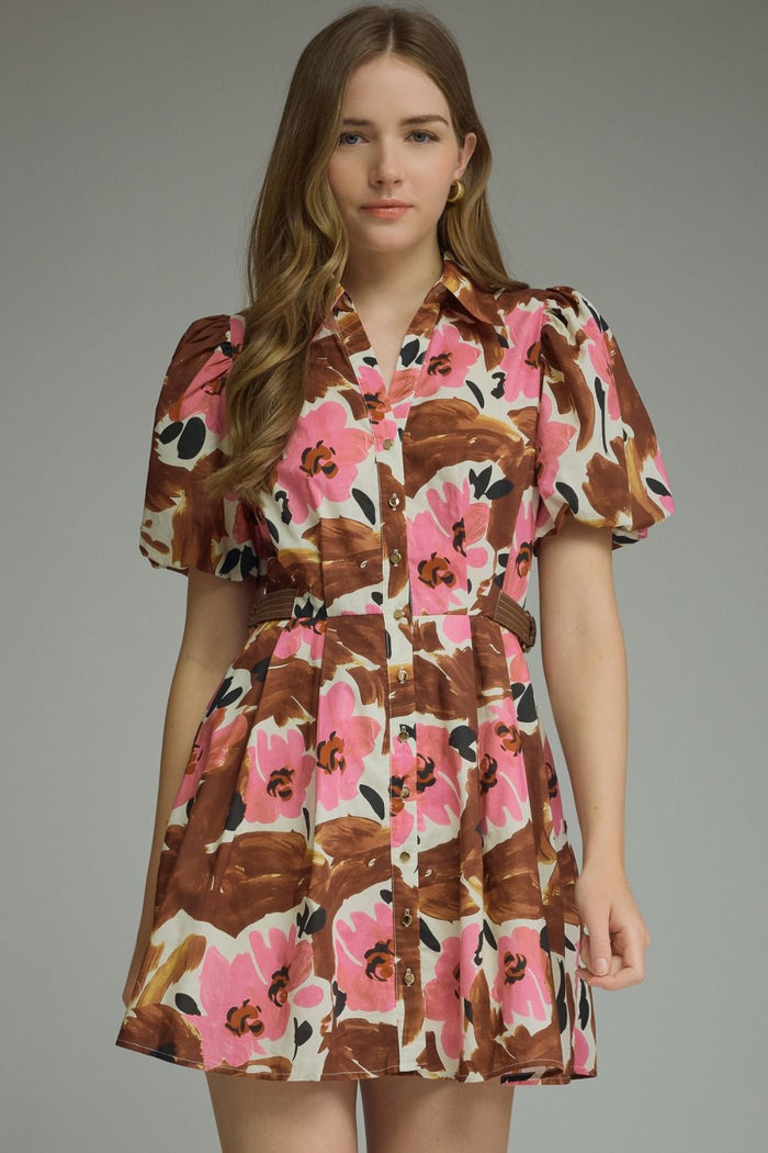 Floral Print Short Puff Sleeve Mini Dress