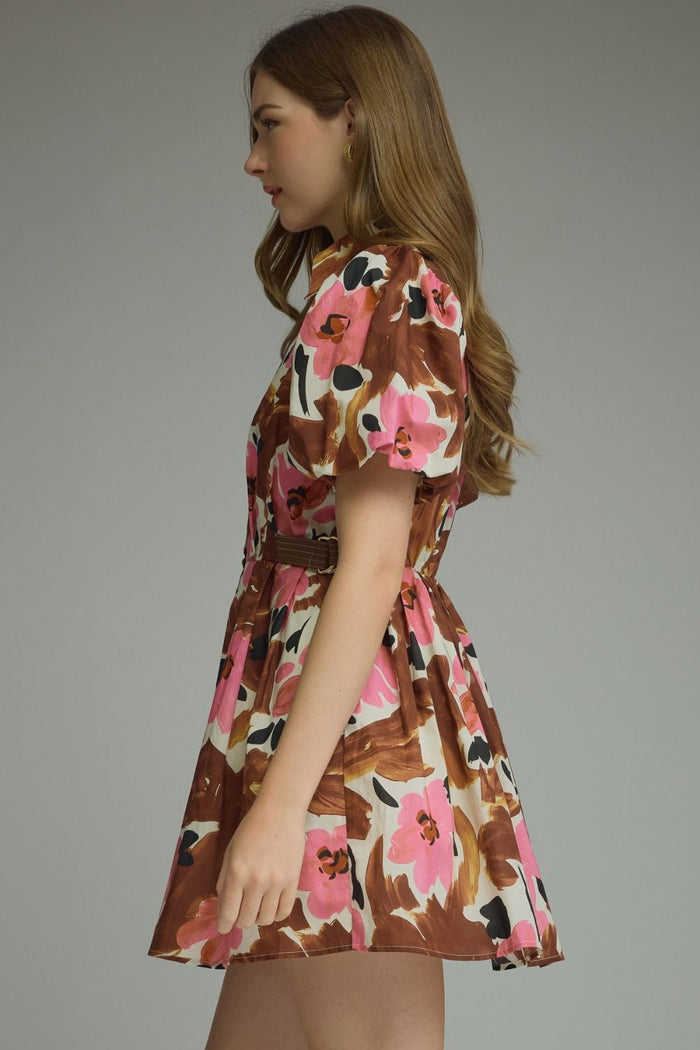 Floral Print Short Puff Sleeve Mini Dress