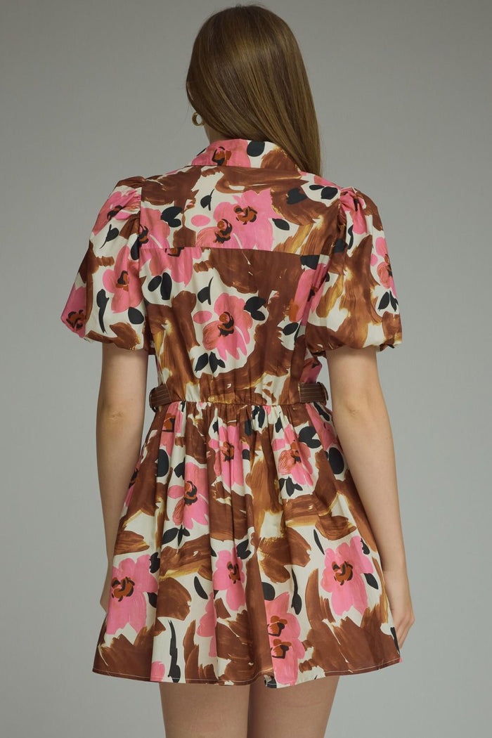 Floral Print Short Puff Sleeve Mini Dress