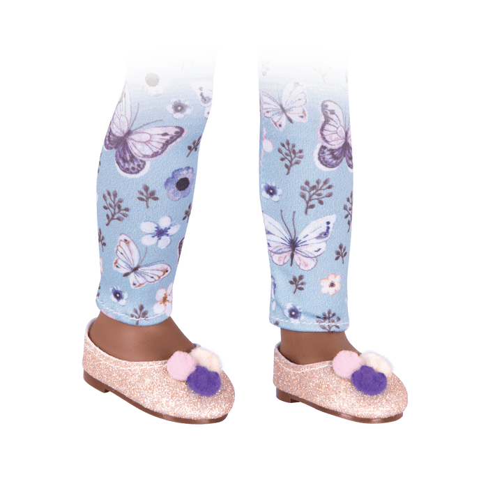 Blue butterfly-printed leggings and gold glitter shoes for 14-inch doll