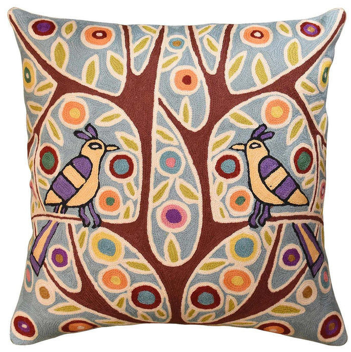 Folk Bird In Tree Karla Gerard Accent Pillow Cover Handembroidered Wool 18"x18" - KashmirDesigns