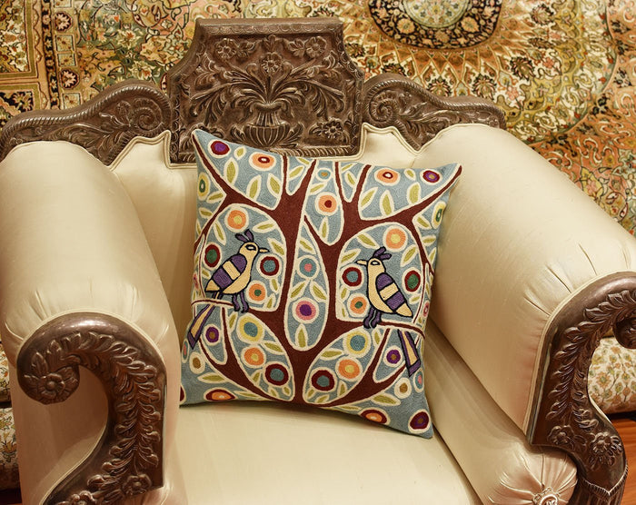 Folk Bird In Tree Karla Gerard Accent Pillow Cover Handembroidered Wool 18"x18" - KashmirDesigns