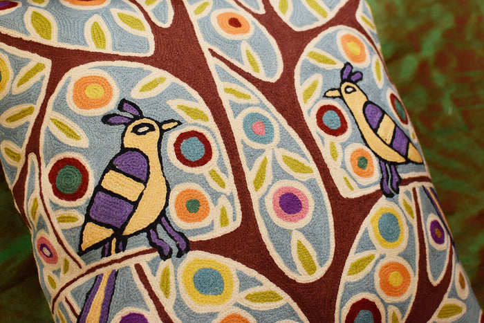 Folk Bird In Tree Karla Gerard Accent Pillow Cover Handembroidered Wool 18"x18" - KashmirDesigns
