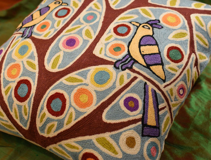 Folk Bird In Tree Karla Gerard Accent Pillow Cover Handembroidered Wool 18"x18" - KashmirDesigns